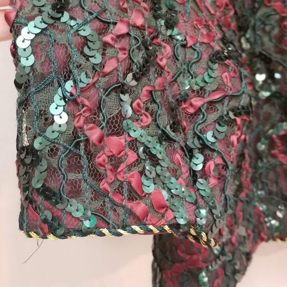 VTG Lacey Sequin Jacket Union Tag Sz L Red Green Retro Elegant MOB Festive Glam - Picture 8 of 11